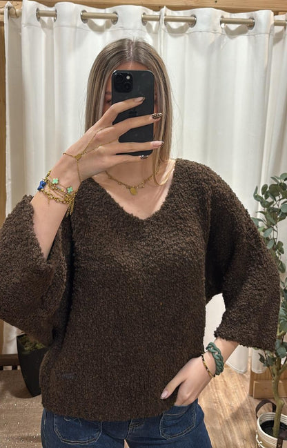 Pull bouclette uni marron