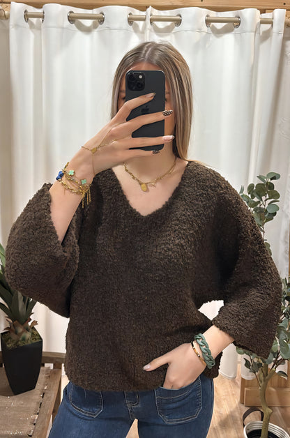 Pull bouclette uni marron