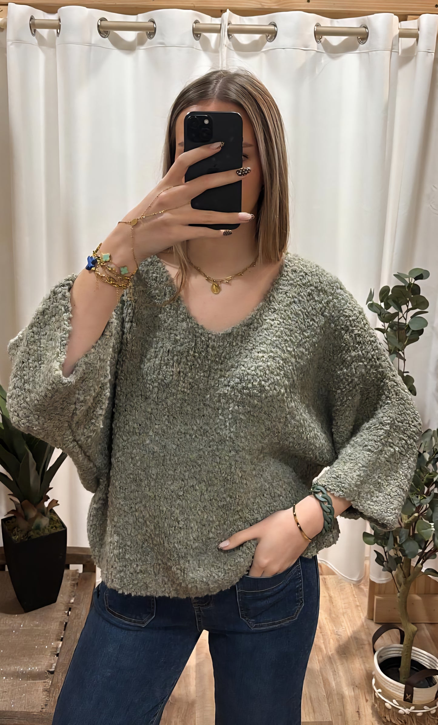 Pull bouclette uni kaki clair