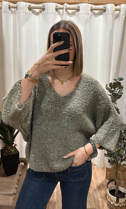 Pull bouclette uni kaki clair