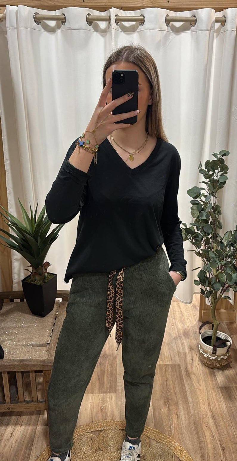 Pantalon effet velours lacet léopard kaki