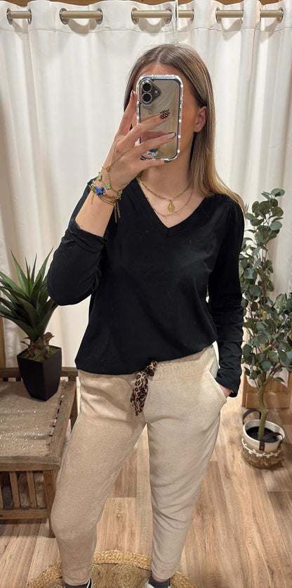 Pantalon effet velours lacet léopard beige