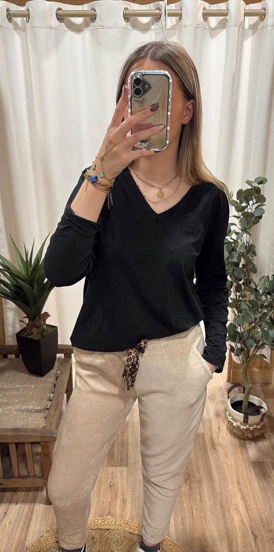 Pantalon effet velours lacet léopard beige