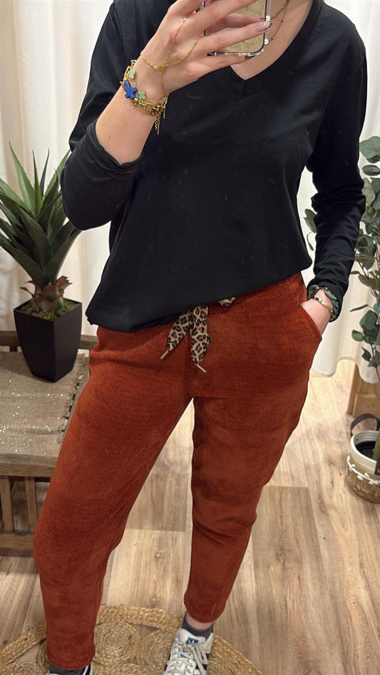 Pantalon effet velours lacet léopard rouille