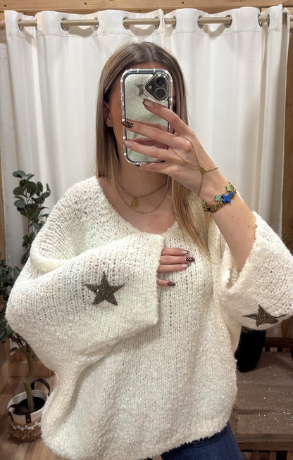 Pull bouclette étoile sur les manches blanc