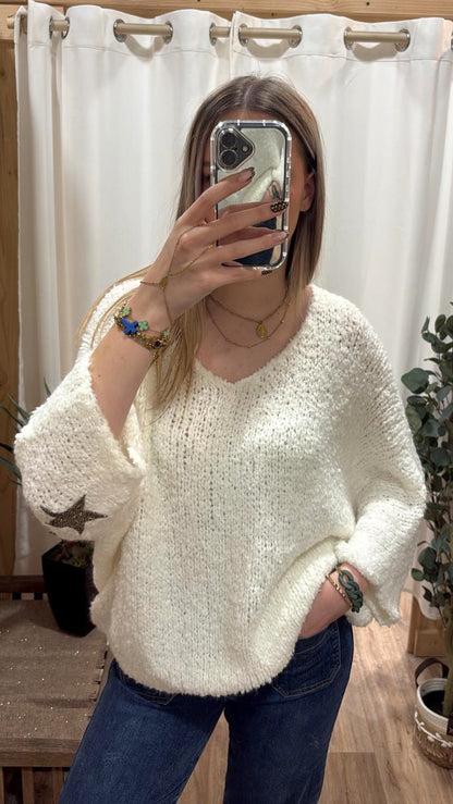 Pull bouclette étoile sur les manches blanc