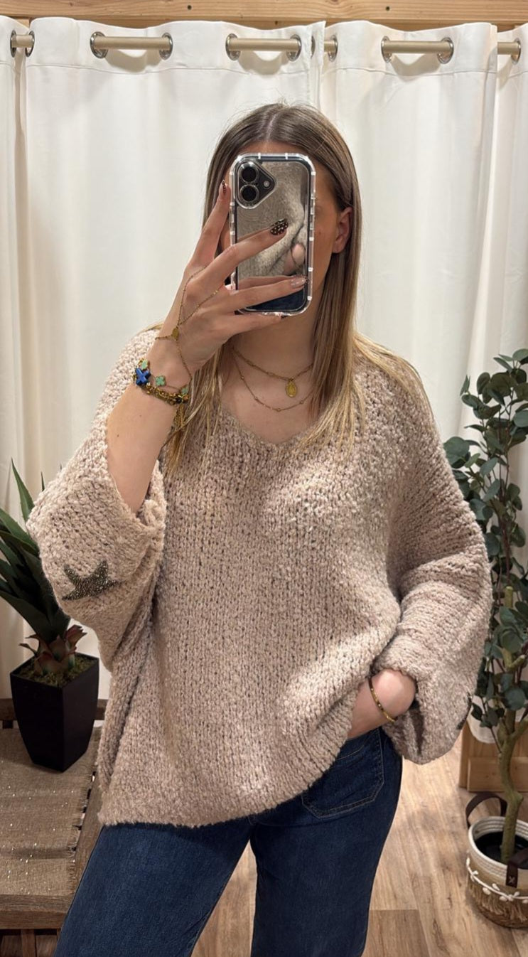 Pull bouclette étoile sur les manches rose pâle