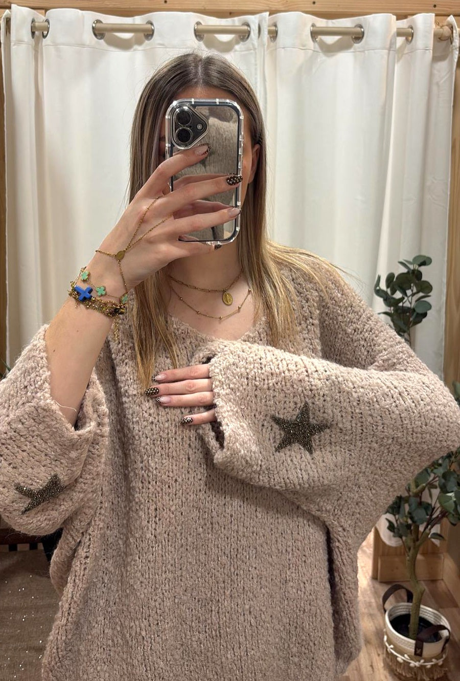 Pull bouclette étoile sur les manches rose pâle