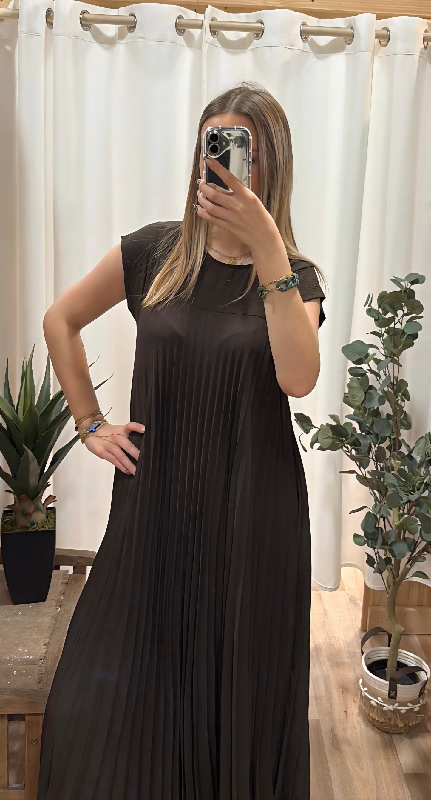 Robe longue plissée chocolat