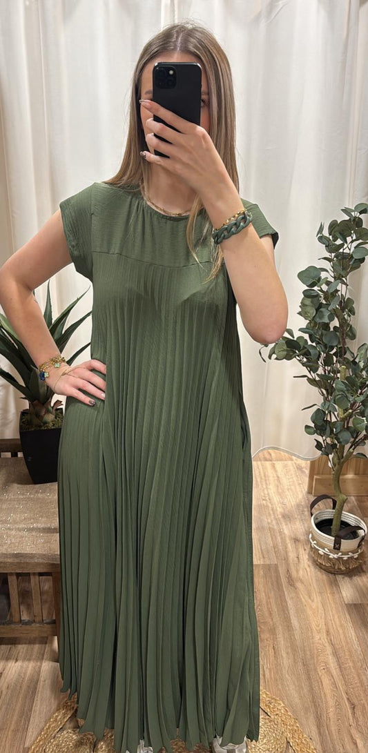 Robe longue plissée kaki