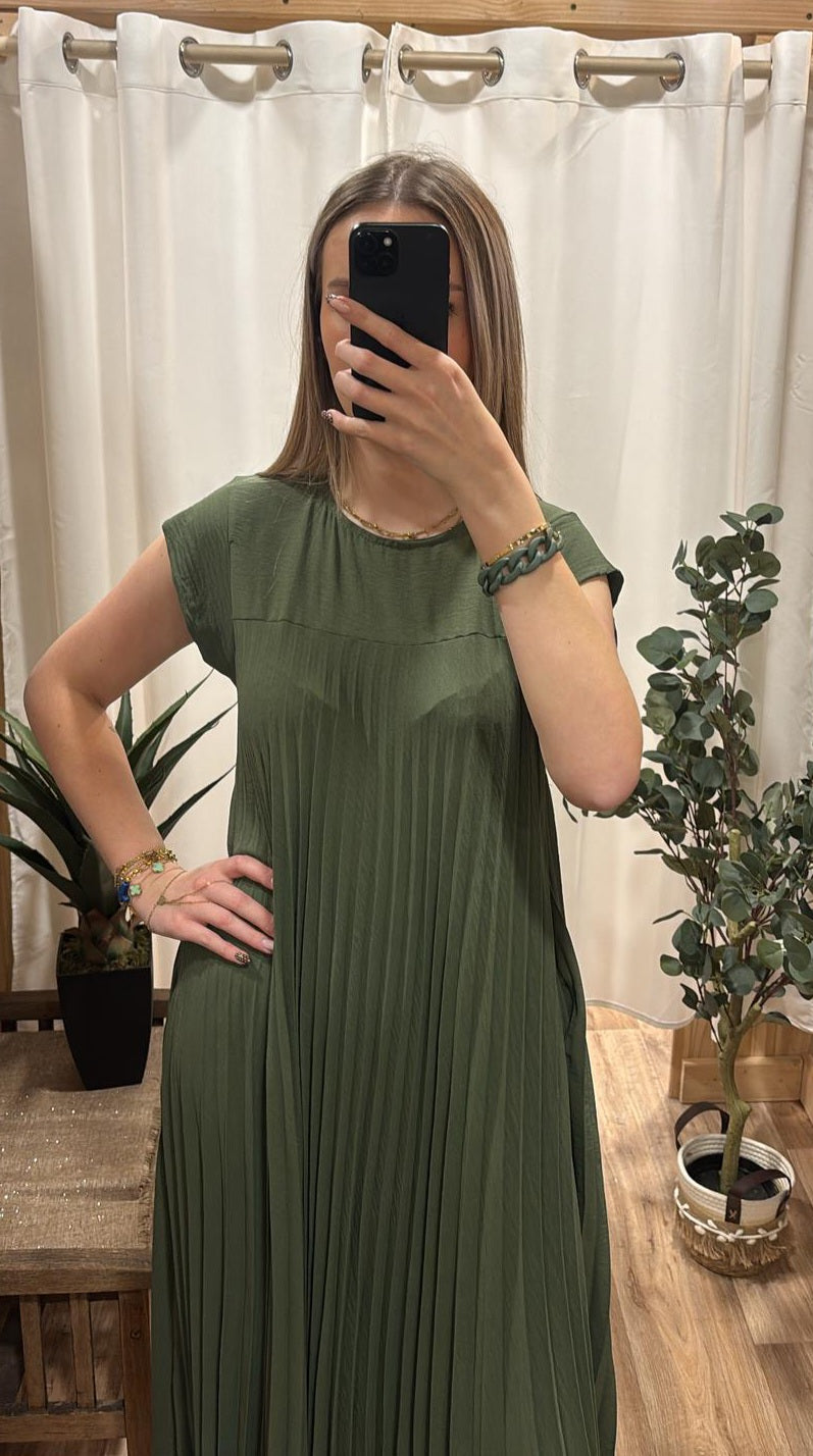 Robe longue plissée kaki