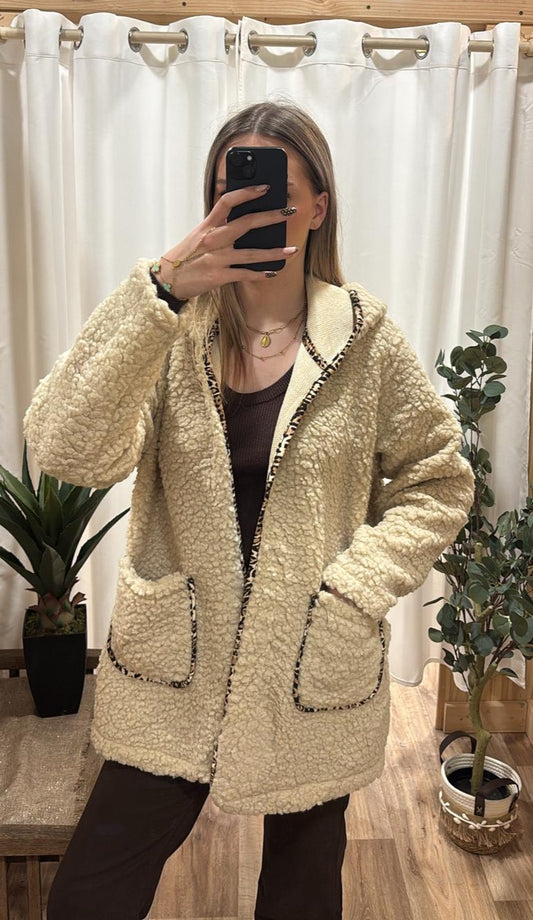 Veste longue bouclette beige