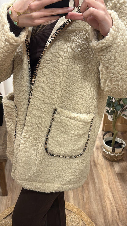 Veste longue bouclette beige