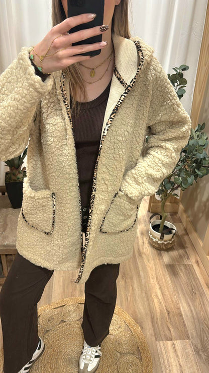 Veste longue bouclette beige