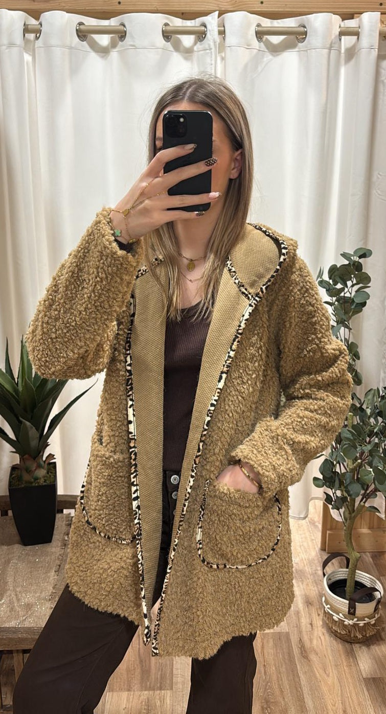 Veste longue bouclette camel