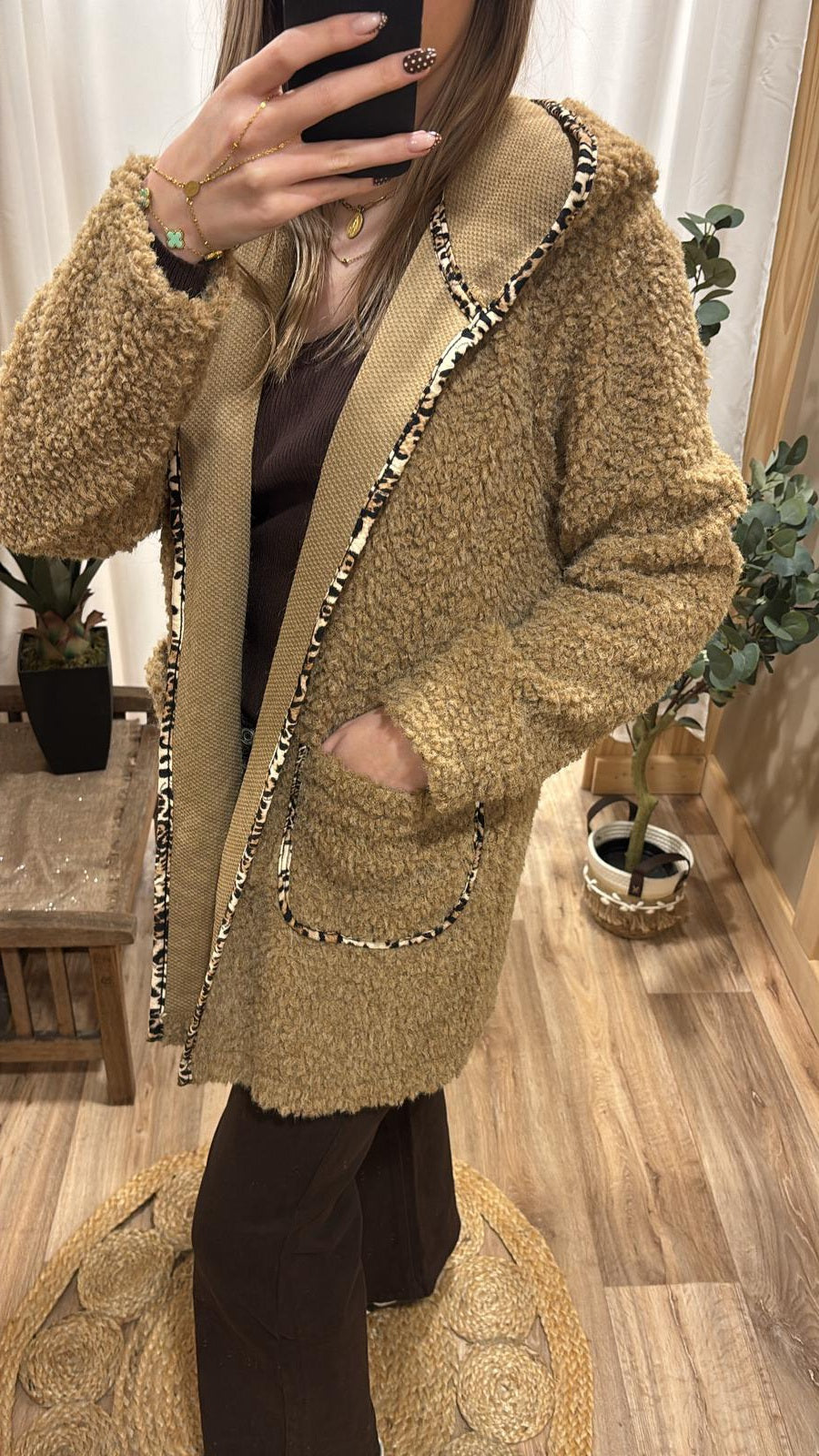 Veste longue bouclette camel