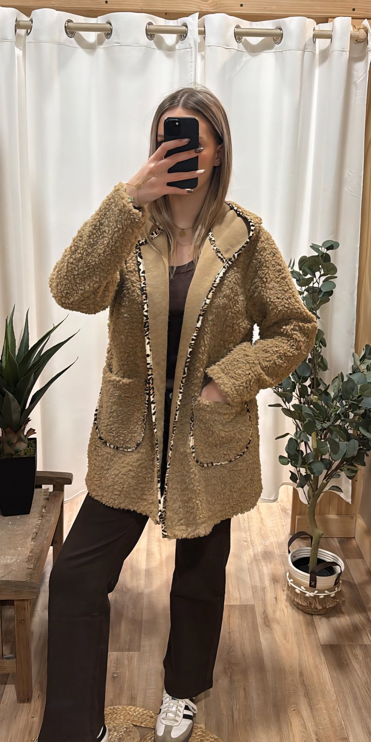 Veste longue bouclette camel