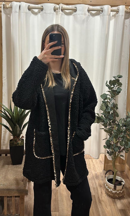 Veste longue bouclette noire