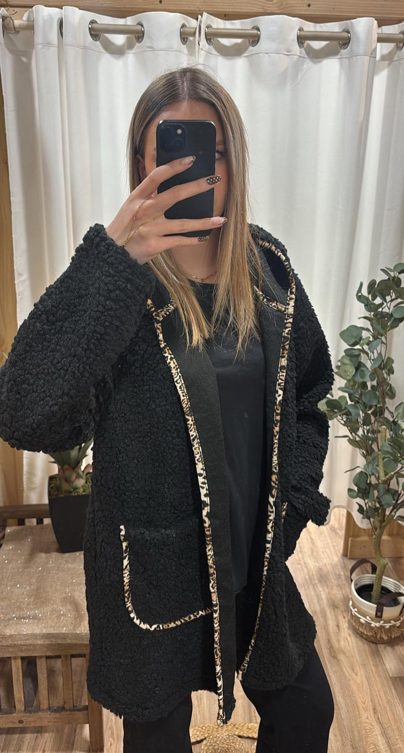 Veste longue bouclette noire