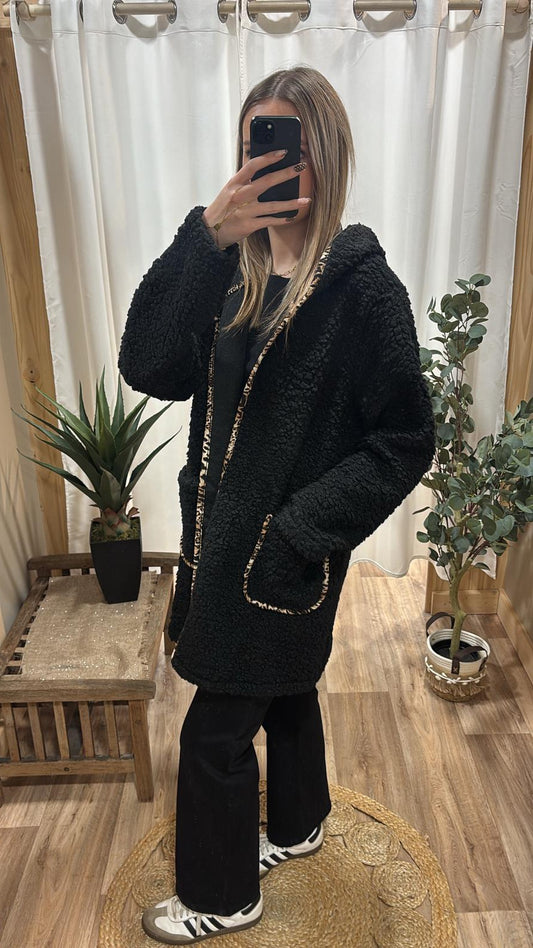 Veste longue bouclette noire