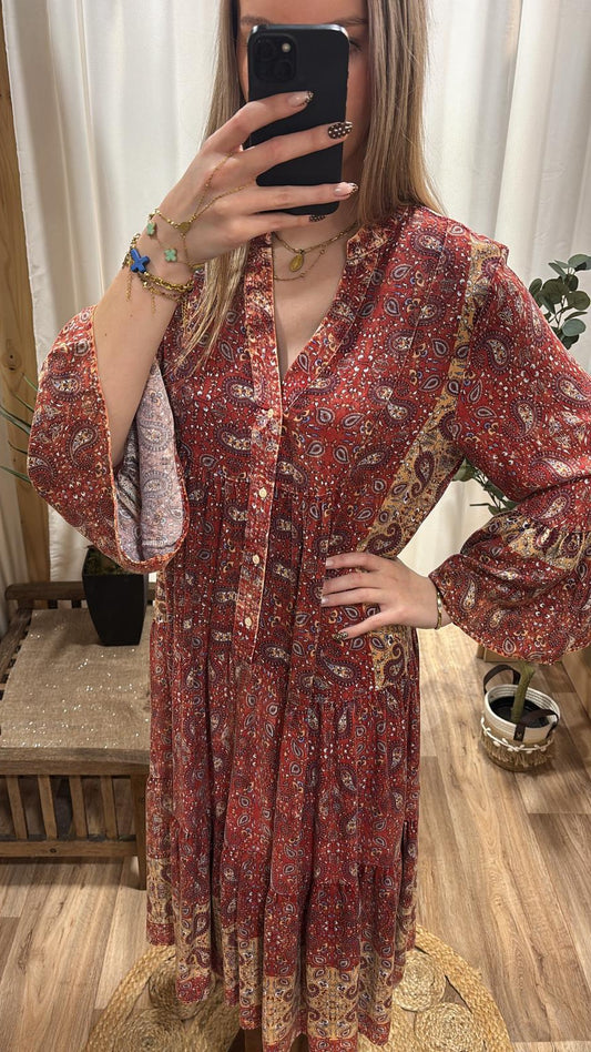 Robe mi-longue imprimée rouge foncé