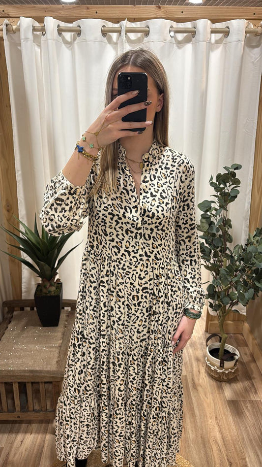 Robe longue imprimée léopard beige