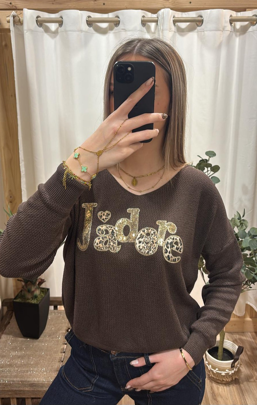 Pull fin chocolat "J'adore"