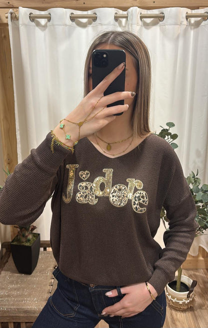 Pull fin chocolat "J'adore"
