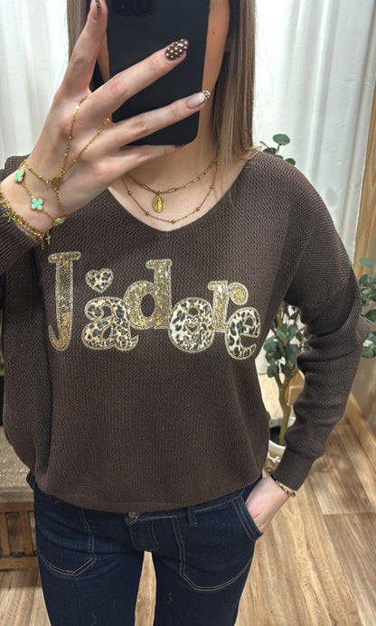 Pull fin chocolat "J'adore"