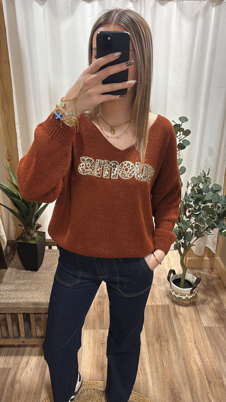 Pull rouille "Amour" léopard