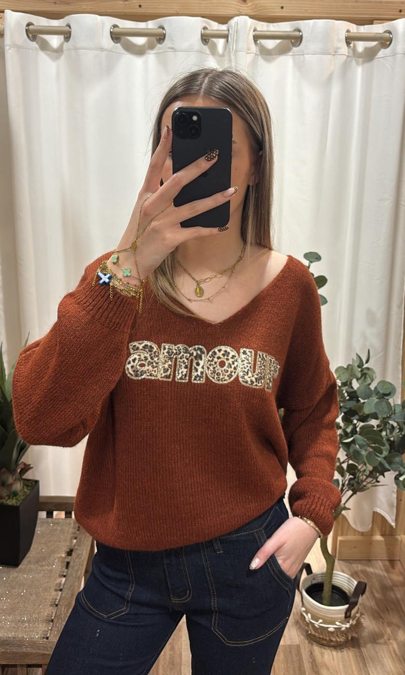 Pull rouille "Amour" léopard