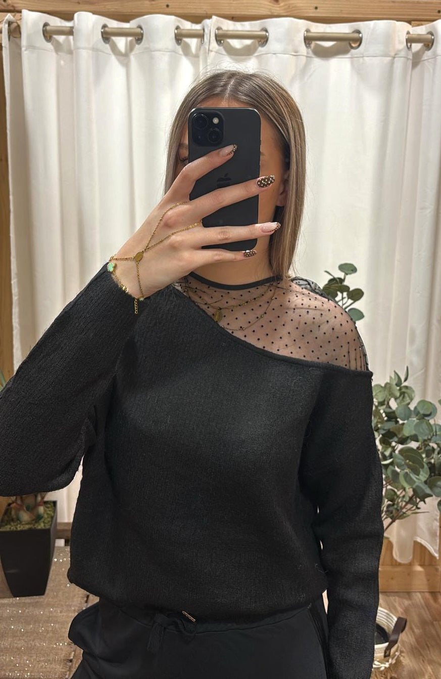 Pull noir dentelle épaule