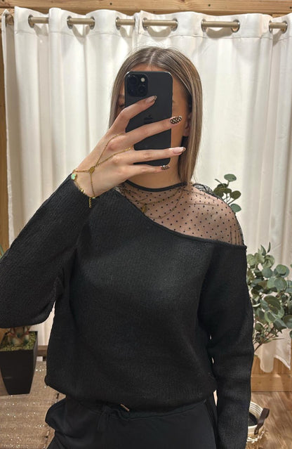 Pull noir dentelle épaule