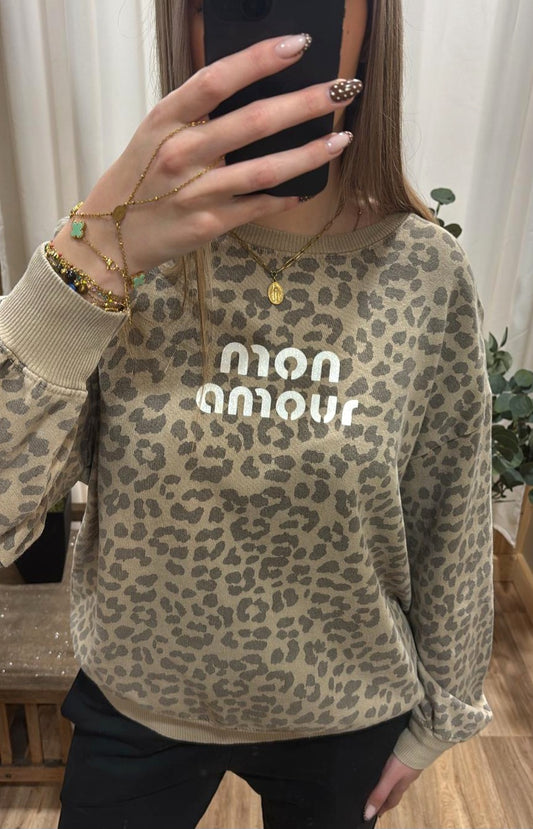 Sweat léopard beige amour blanc