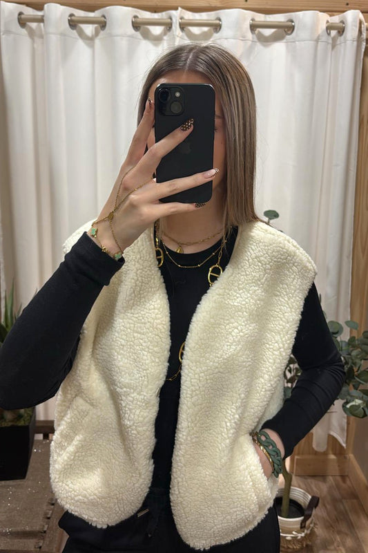 Gilet moumoute sans manche beige