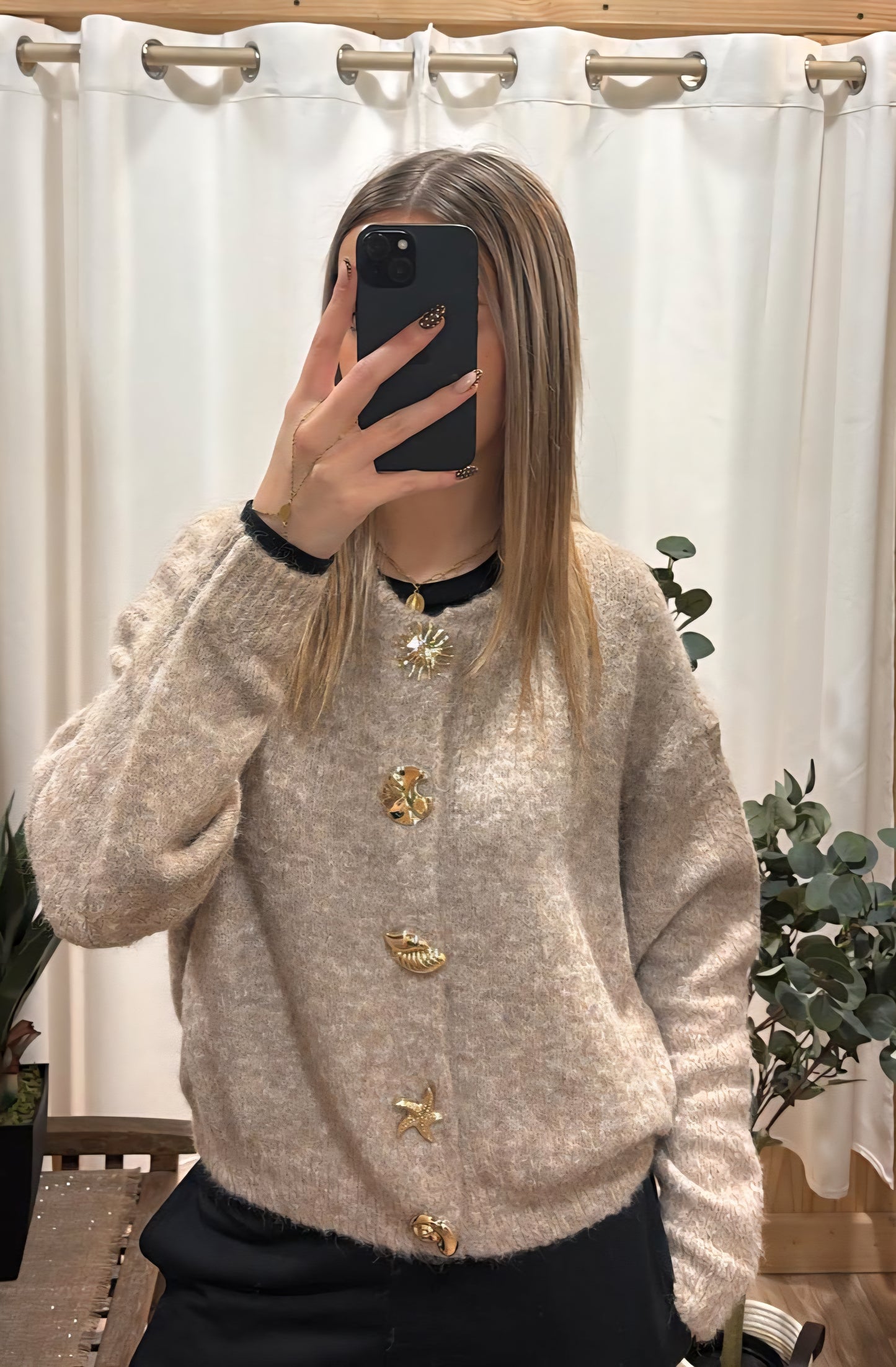 Cardigan boutons fantaisis dorés - taupe