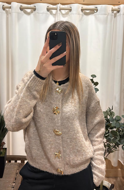 Cardigan boutons fantaisis dorés - taupe