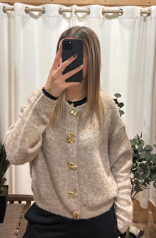 Cardigan boutons fantaisis dorés - taupe