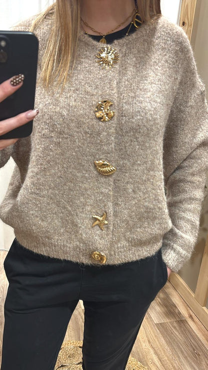 Cardigan boutons fantaisis dorés - taupe