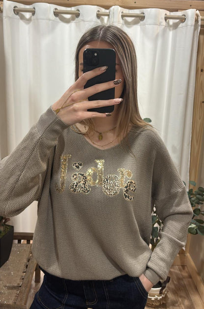 Pull fin taupe "J'adore"