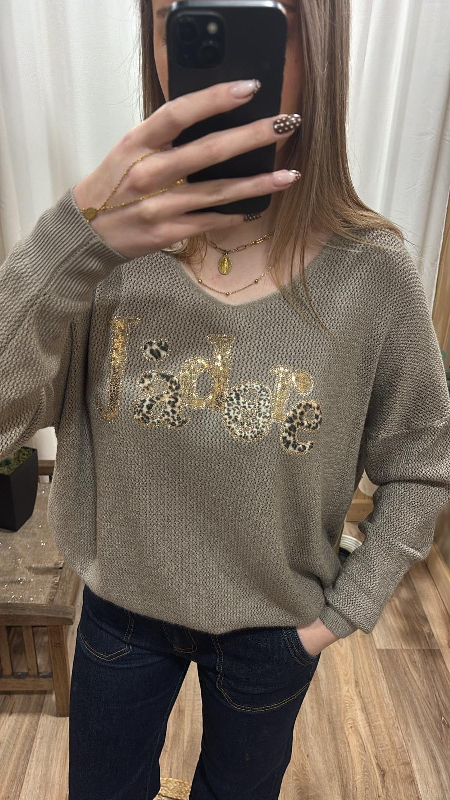 Pull fin taupe "J'adore"