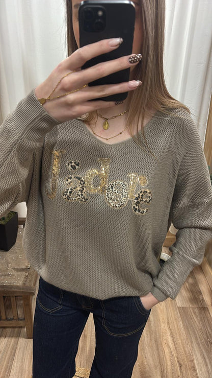 Pull fin taupe "J'adore"