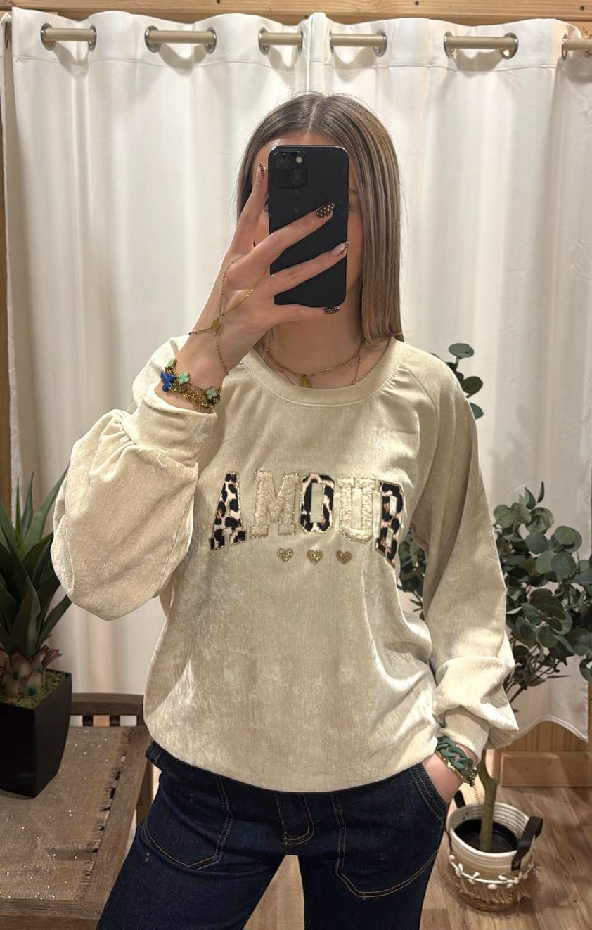 Sweat Amour effet velours beige