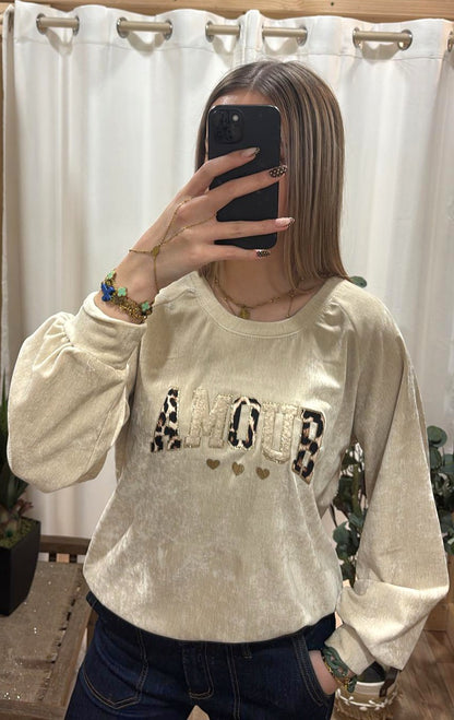 Sweat Amour effet velours beige