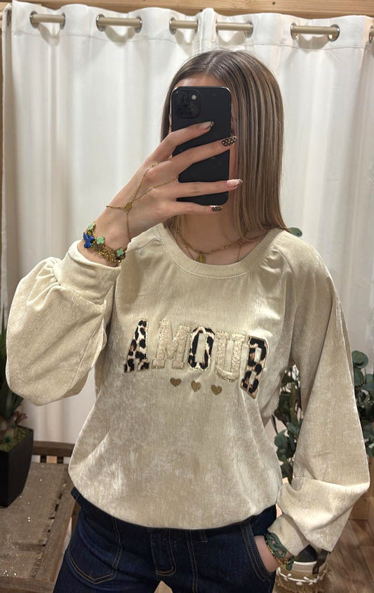 Sweat Amour effet velours beige
