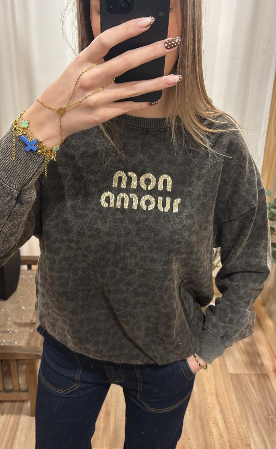 Sweat léopard gris amour or