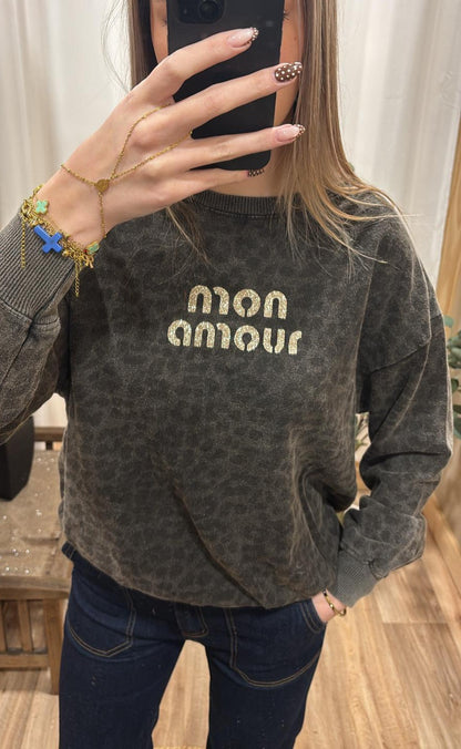 Sweat léopard gris amour or