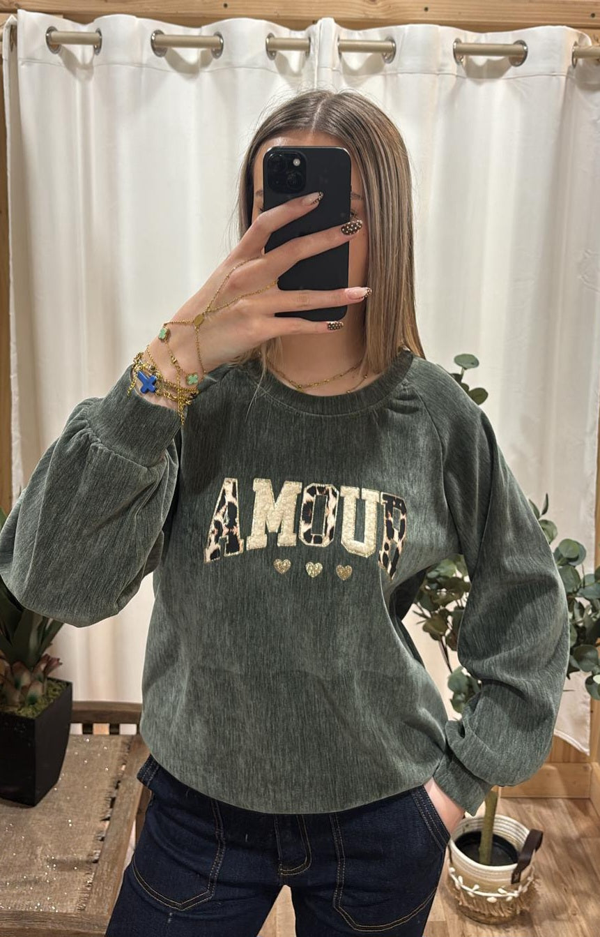 Sweat Amour effet velours kaki