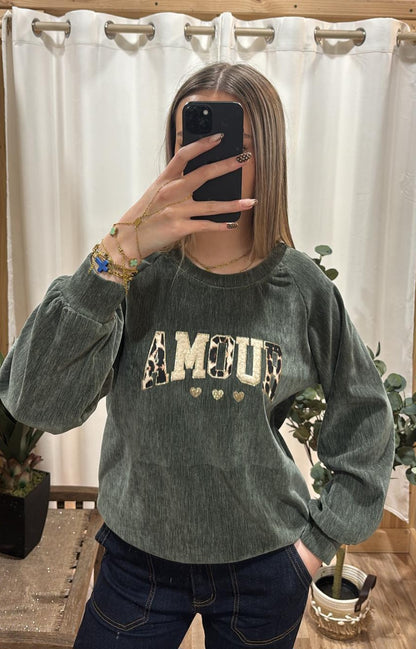 Sweat Amour effet velours kaki
