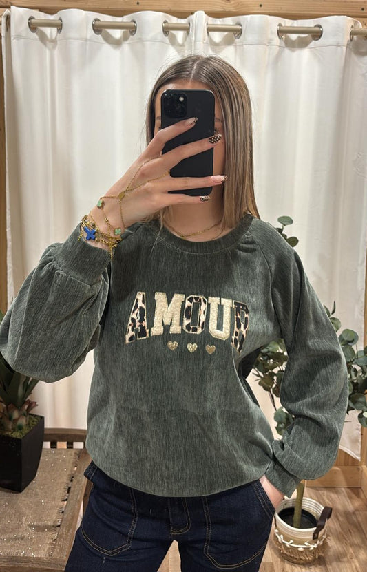 Sweat Amour effet velours kaki